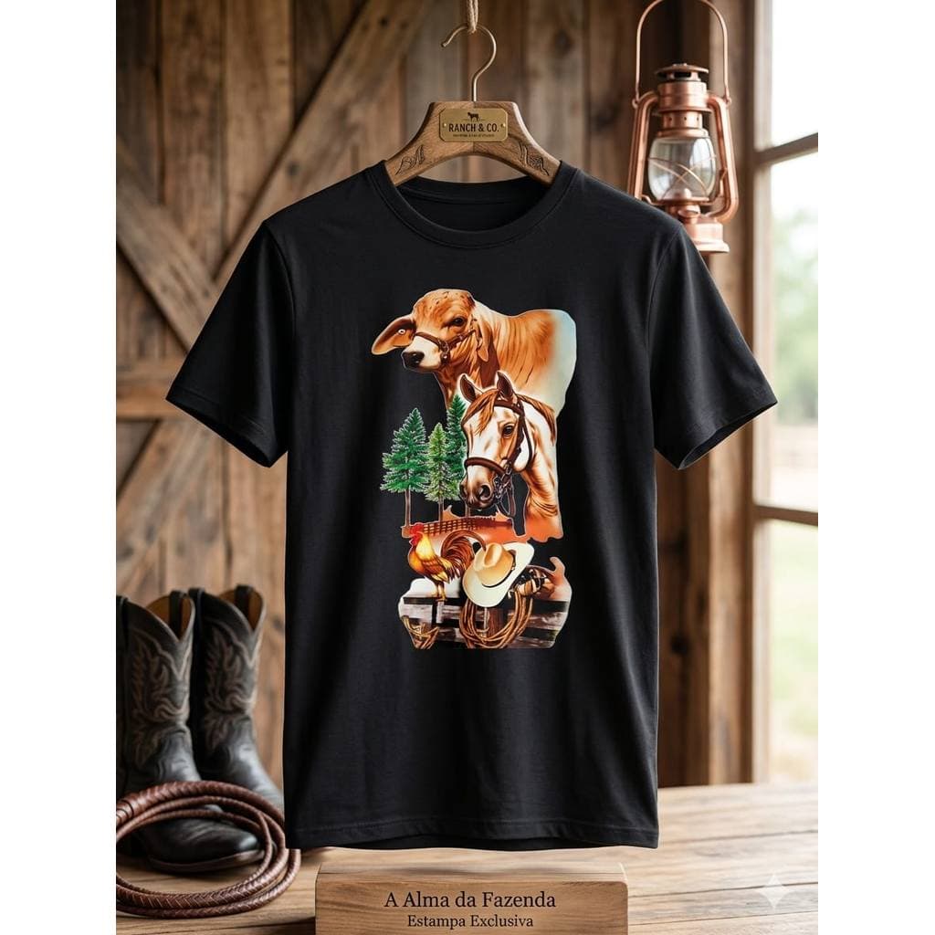 Camiseta Masculina Estilo Country Cavalo Boi Fazenda Rodeio 100% Algodão Premium