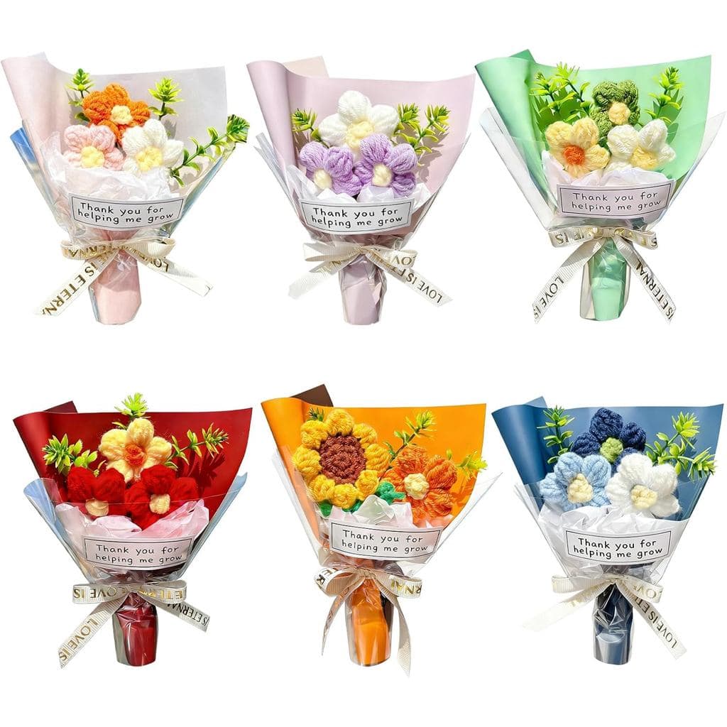 Wavwavw 6 Peças de Presentes de Apreciação para Professores, Buquê de Flores de Crochê Feito à Mão, Mini Buquê de Crochê