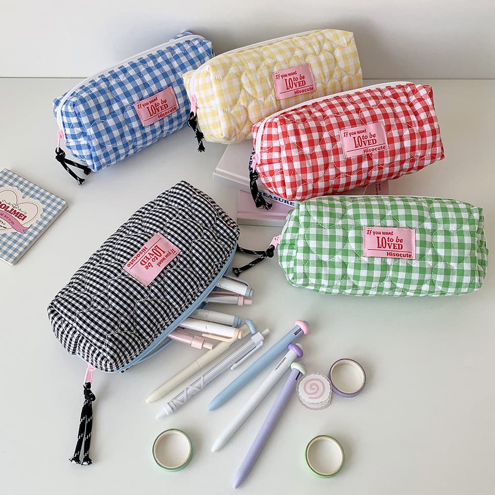 Estojo acolchoado xadrez estilo Ins, bolsa de papelaria de grande capacidade para estudantes, bolsa para armazenamento d