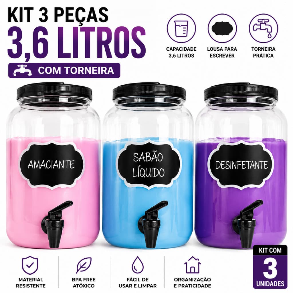 Kit 3 Dispenser 3,6L Amaciante Sabão Em Pó E Líquido Com Lousa Para Escrever Organizador Lavanderia