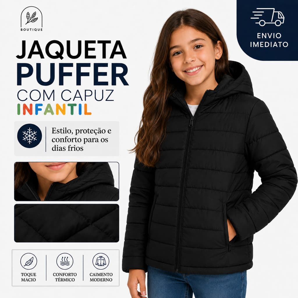 Blusa Infantil  Feminina de Frio Puffer Bobojaco Infantil Com Capuz Removível