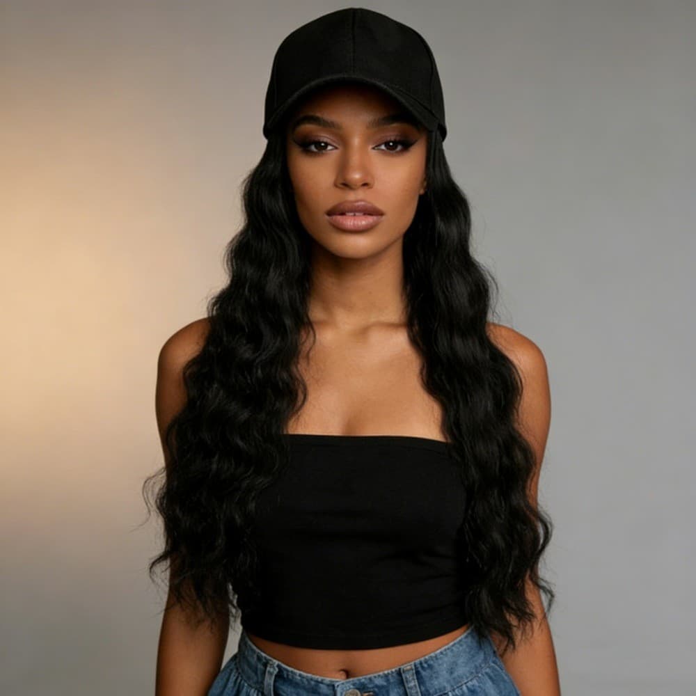 Peruca com Chapéu Integrado Feminina Cabelo Ondulado Água Fibra Sintética Textura Natural Uso Diário