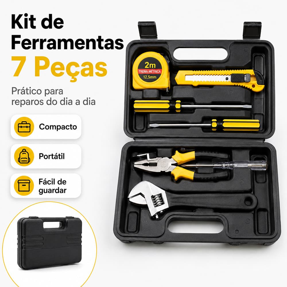 Kit de Ferramentas 7 Peças com Maleta Trena 2m Alicate Chaves Estilete para Reparos Domésticos