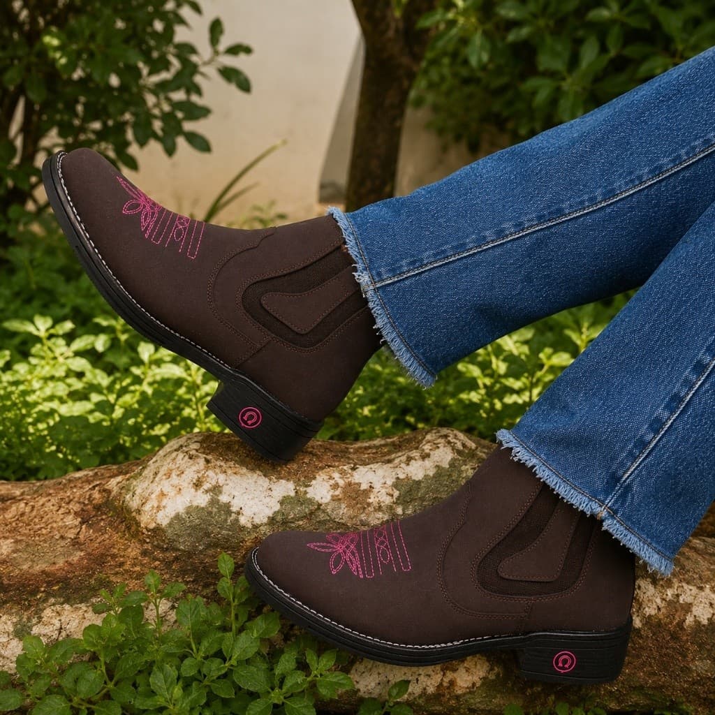 Botina Feminina Texana Country Bico Quadrado Cano Curto Bordada Confortável Estilo Western