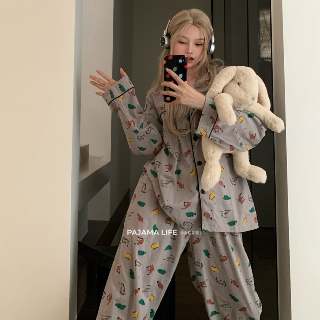 Bonito pintado pequeno dinossauro pijamas feminino primavera outono puro algodão de manga comprida ins estilo dos desenh