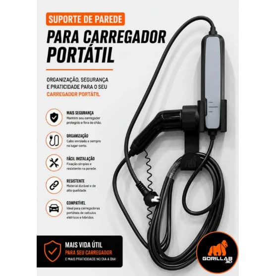 Suporte de Parede para Carregador Portátil de Carro Elétrico ou Hibrido Plug-in Tipo 2 Organizador de Cabo e Conector!