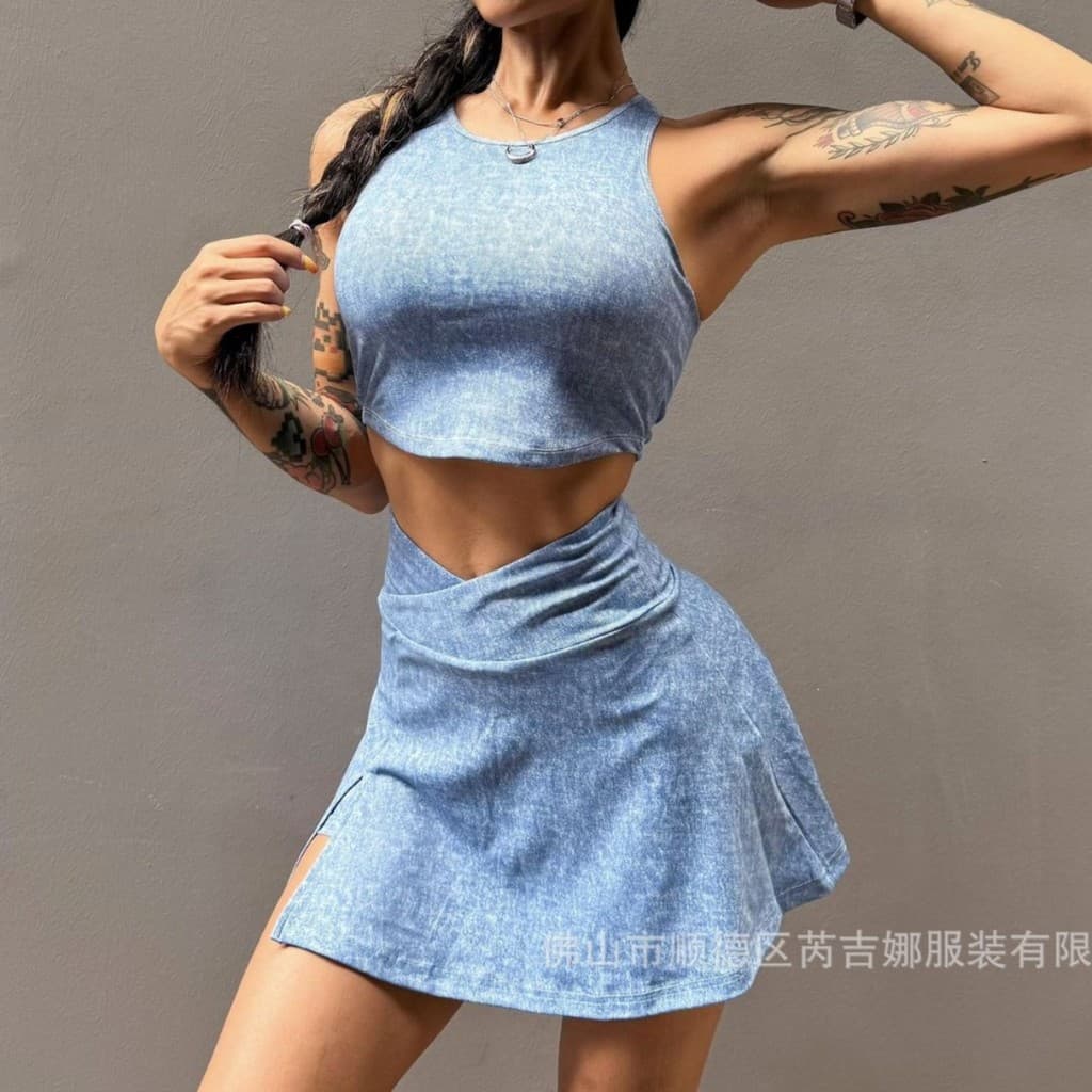 Conjunto: Sutiã esportivo imitação jeans, shorts de fitness e yoga à prova de impacto, saia de tênis para corrida, alta