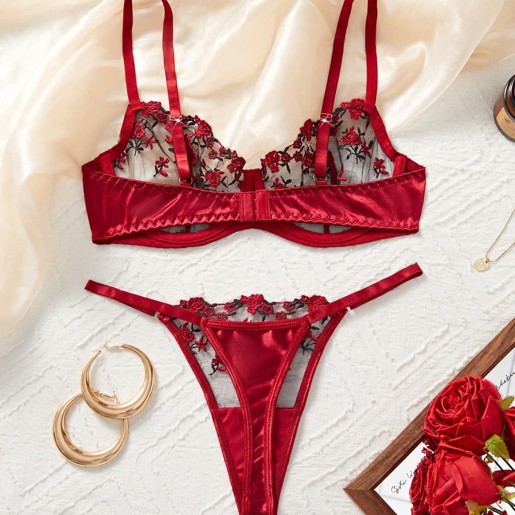 S-052 Conjunto de Sutiã Push-Up com Aro de Aço e Calcinha de Renda Fina de Verão em Veludo Vermelho e Rosa Bordado NWM6