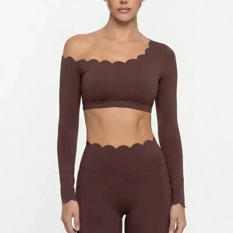 Roupa de Fitness Feminina de Renda com Manga Longa e Almofada para o Peito, Roupa Esportiva Off-Shoulder, Leggings Slim