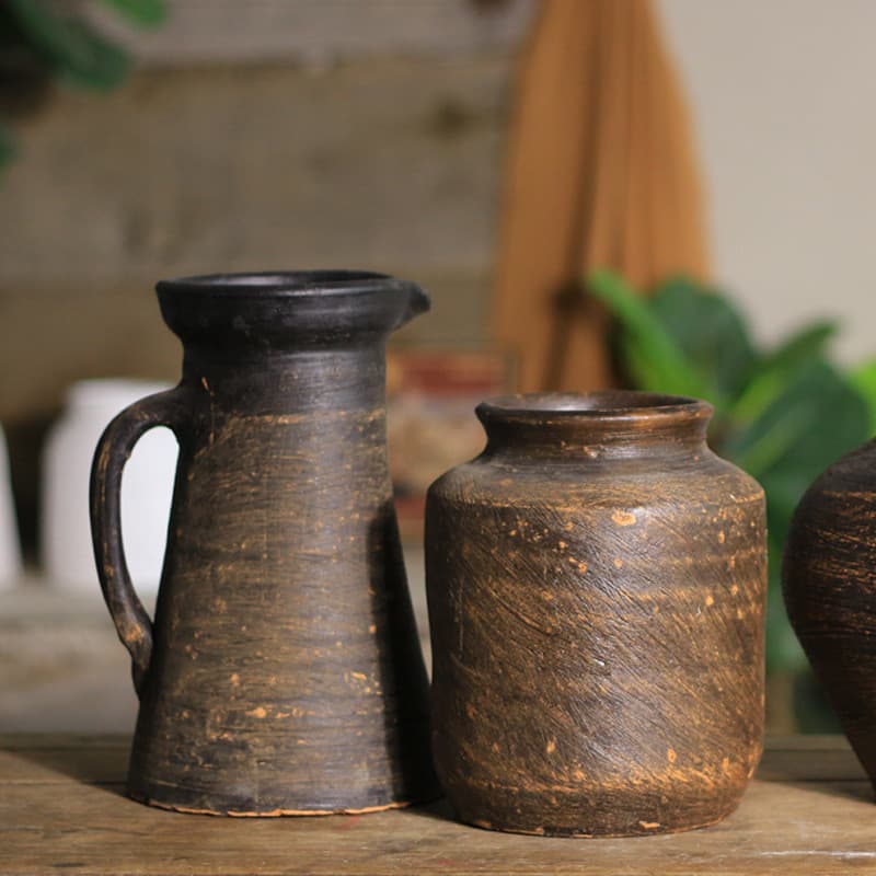 Vaso de grés estilo silencioso de grande calibre Vaso chinês Ornamentos artesanais retrô Arranjo de flores Flores secas