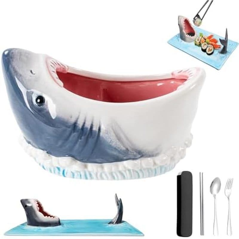 Placa Shark Charerie , Prato De Sushi De Tubarão De Cerâmica Com Tigela De Molho Embutida & amp ; Descanso Para Pauzinho