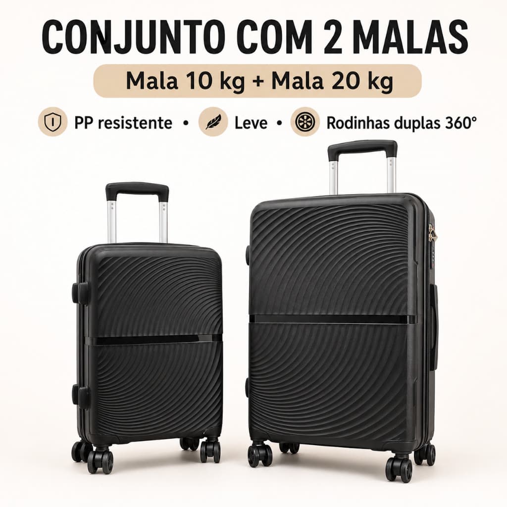 Kit 2 Malas de Viagem PP Rígida P 10kg de Mão e M 20kg para Despacho com Rodinhas 360°