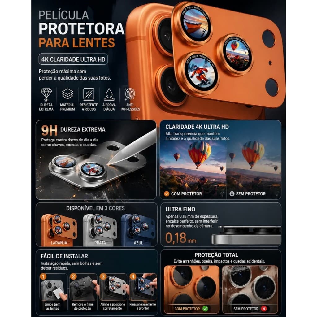 Película de Lente de Metal Fosca + Película de Vidro para iPhone 17/17 air/17 Pro/Pro Max