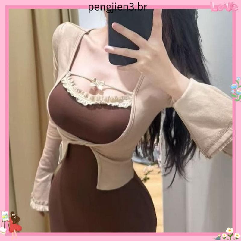Primavera novo estilo estilo coreano irmã real temperamento manga comprida topo feminino fino-ajuste mais magro olhar te