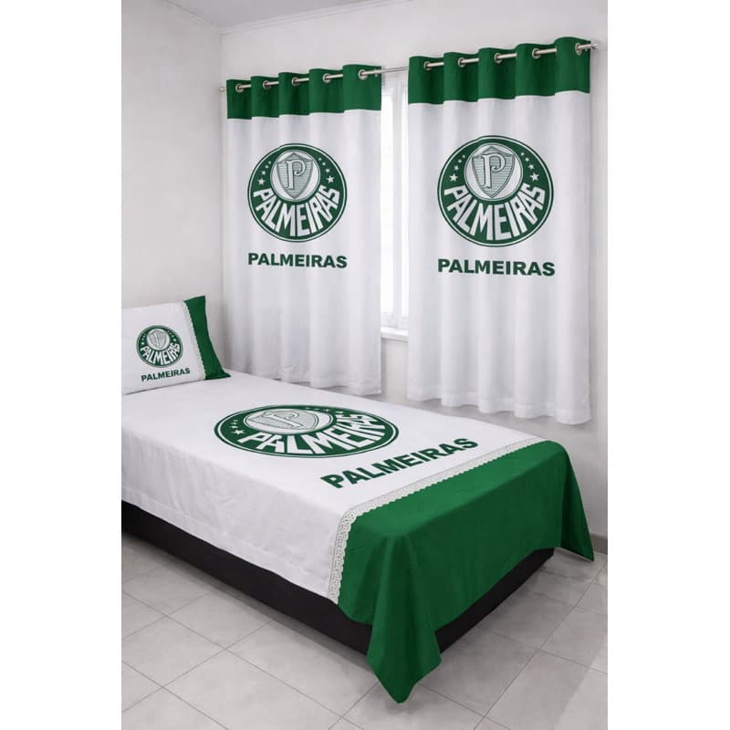 Kit Lençol + Cortina Palmeiras Estampada Solteiro Porco