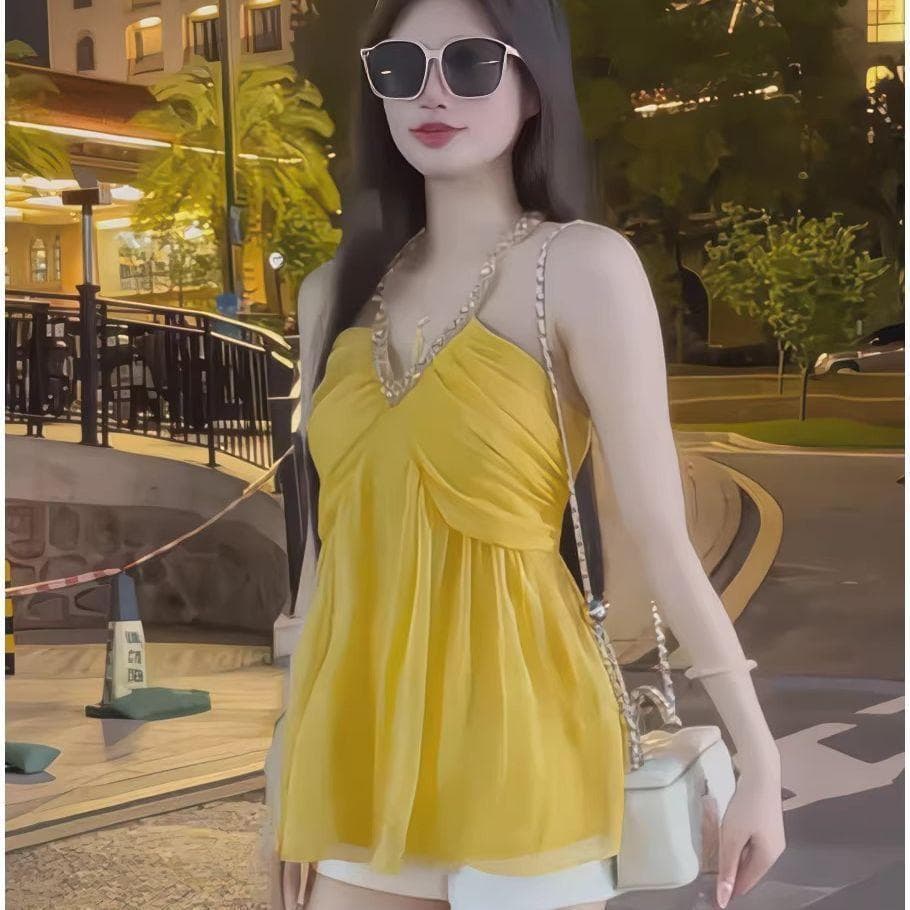 [Venda por tempo limitado] Temperamento High-End sentimento amarelo Halter pescoço cravejado de diamantes 2026 verão nov