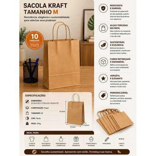 Kit 10 Sacolas Kraft Tamanho Médio Resistente Parda Embalagem Sustentável Loja