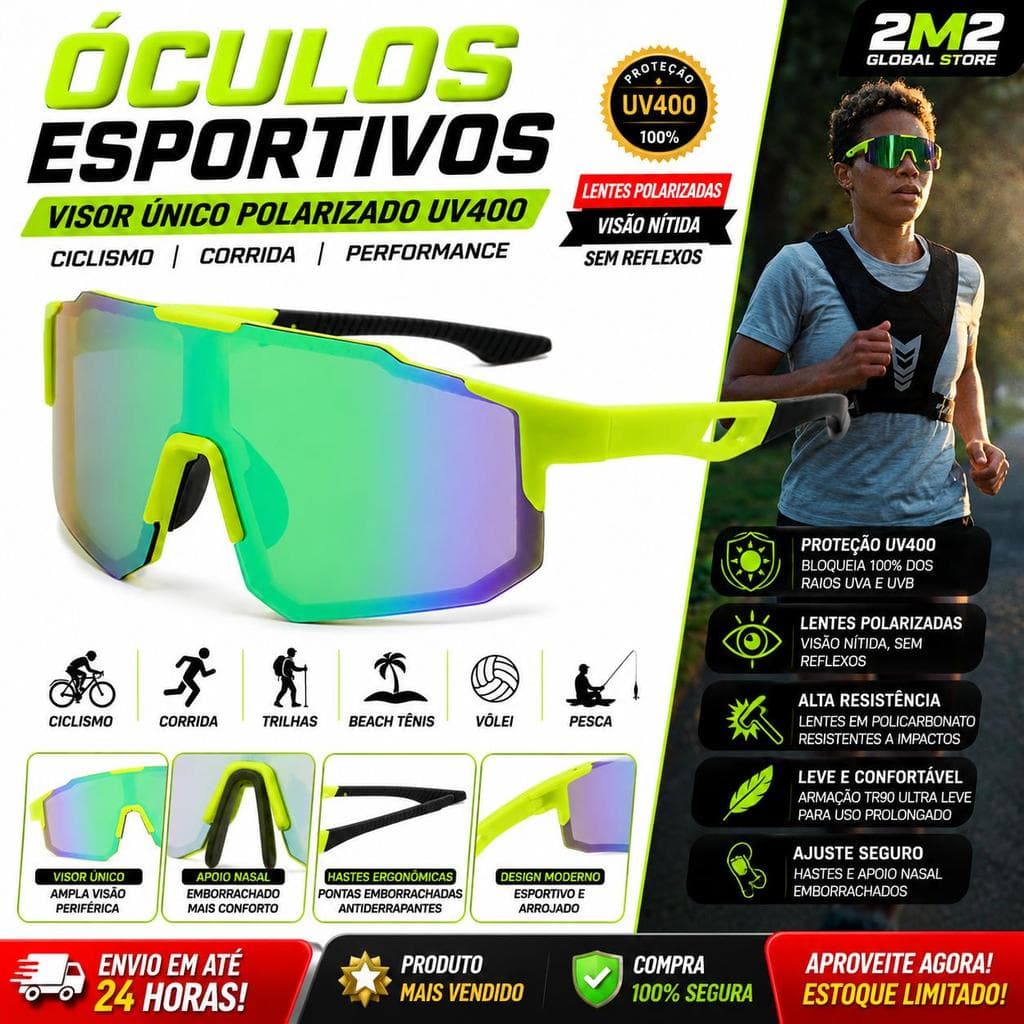 Óculos de Sol Ciclismo Esportivo Polarizado UV400 Visor Único Bike Corrida MTB TR90 Verde Neon