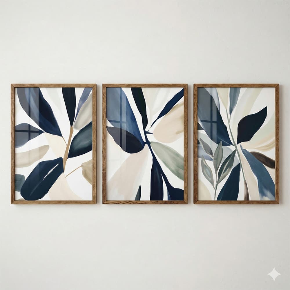 Kit 3 Quadros Abstrato Folhagens Tons Azul, Bege e Taupe Home