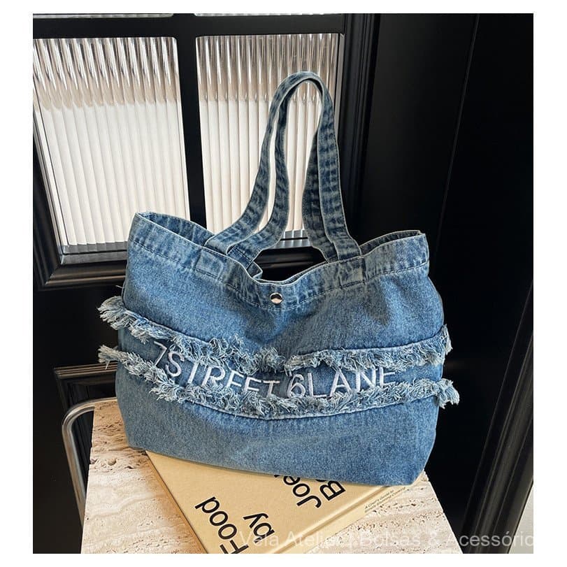 Bolsa Tote Feminina de Jeans Bordada Espaçosa para Faculdade e Trabalho Estilo Vintage