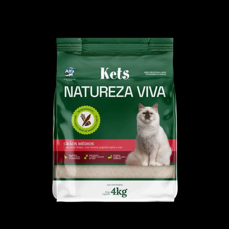 Areia Higiênica Biodegradável Kets Natureza Viva – Grãos Médios, Milho e Mandioca 4kg
