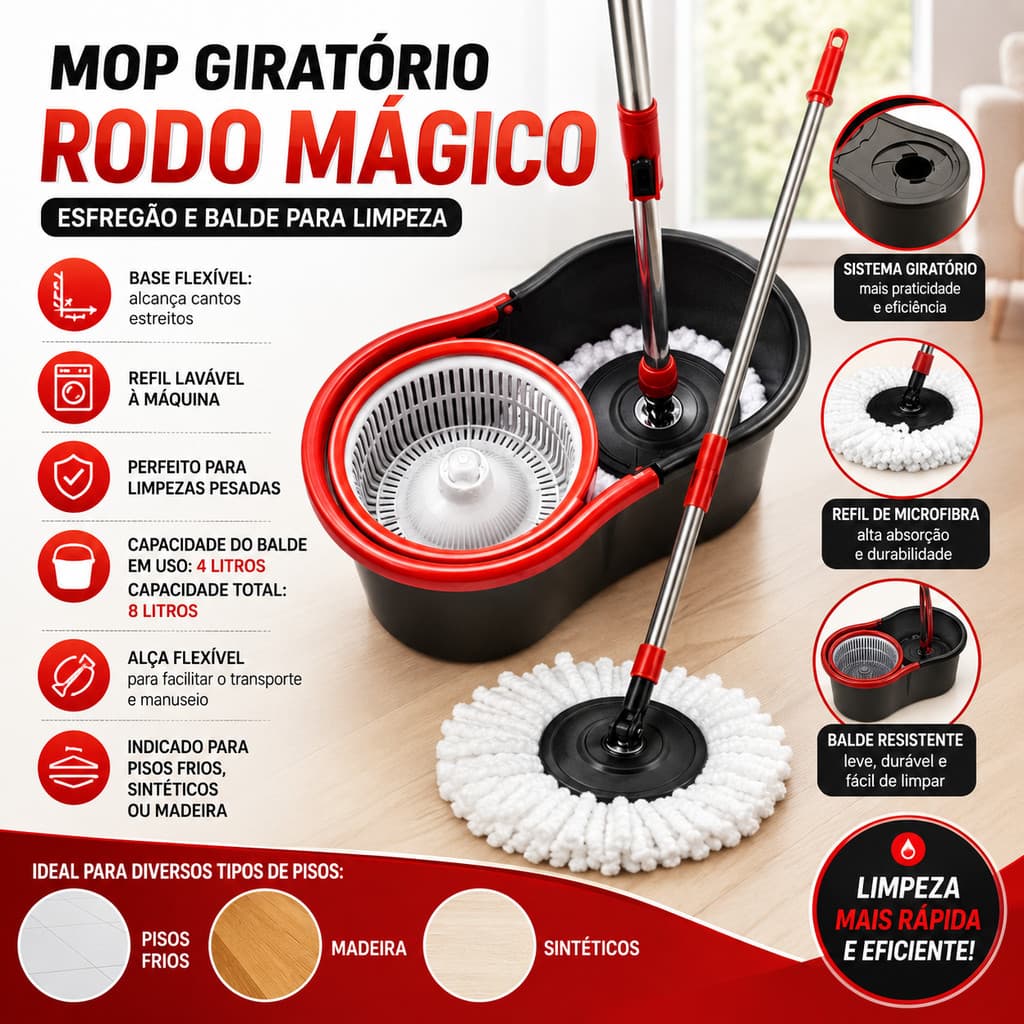 Mop Giratório 8L Esfregão 360° Regulável com Refil Balde Cabo 1 Refil de microfibra Plastico cores aleatorias
