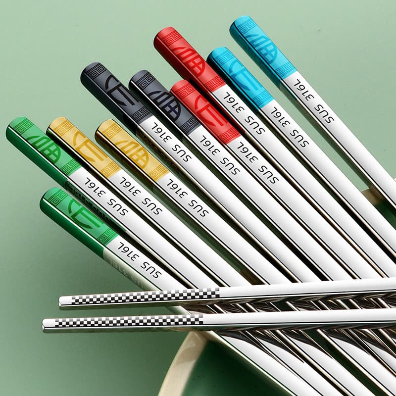 Pauzinhos de aço inoxidável 316L, pauzinhos ocos de liga colorida com design criativo de dupla felicidade, 75YM