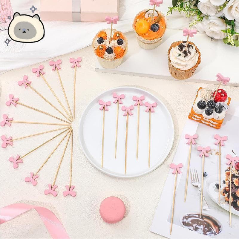 100 Palitos De Coquetel E Sobremesa Com Laço Rosa , Adequados Para Aperitivos De Frutas , Decorações De Festa Suprimento