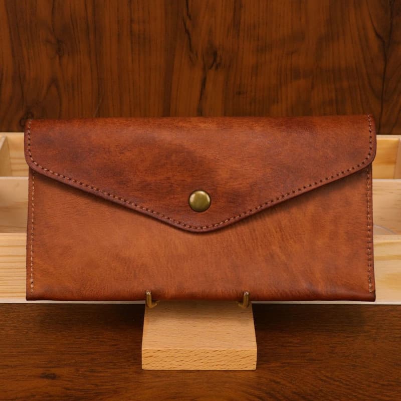 Carteira Longa Estilo Envelope Vintage Com Aba De Pressão , Carteiras De Couro Minimalistas , Bolsa De Dinheiro Para Car