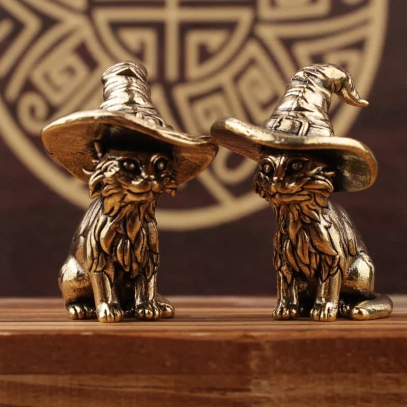 Estátua Pequena de Gato Feiticeiro Fofo, Criativa, em Latão Sólido, Miniatura de Gatinho, Ornamentos Retro para Decoraçã