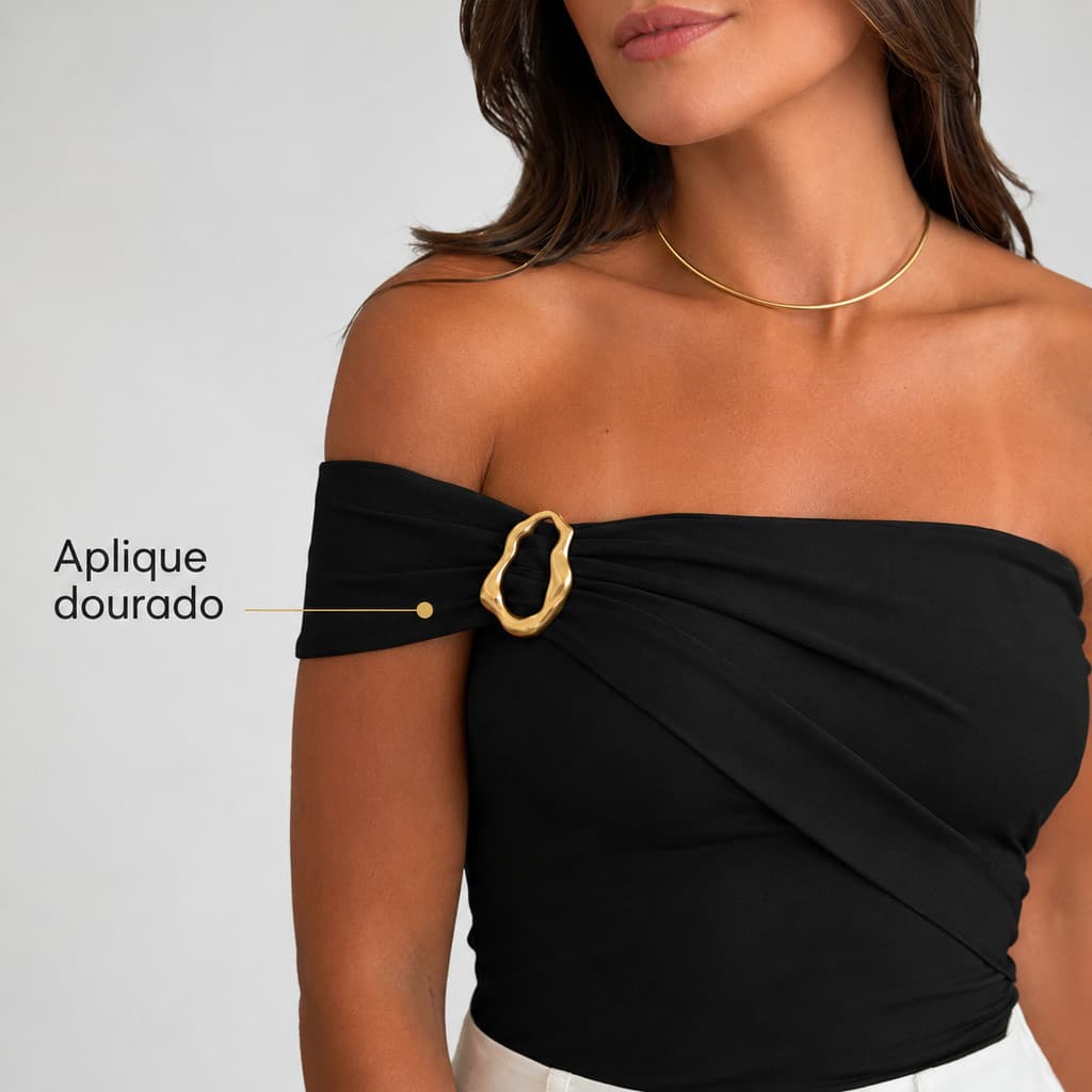 Body Fivela Orgânica Feminina Ombro a Ombro Tomara que Caia Aplique Dourado Justa Festa Casual Elegante Blusa