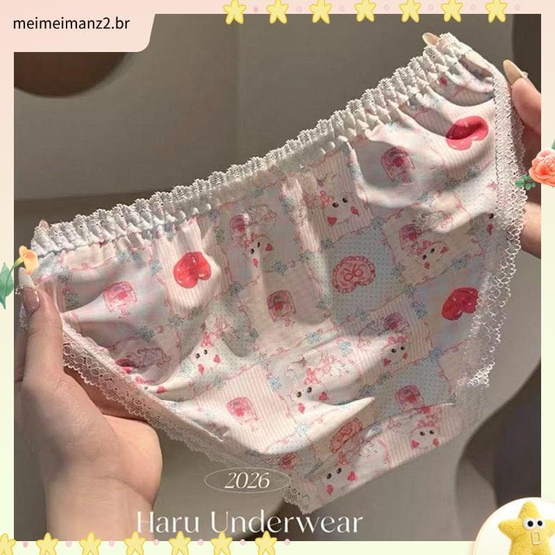 Bonito gatinho doce legal dos desenhos animados impresso calcinha feminina estilo doce contraste cor Bowknot calcinha de