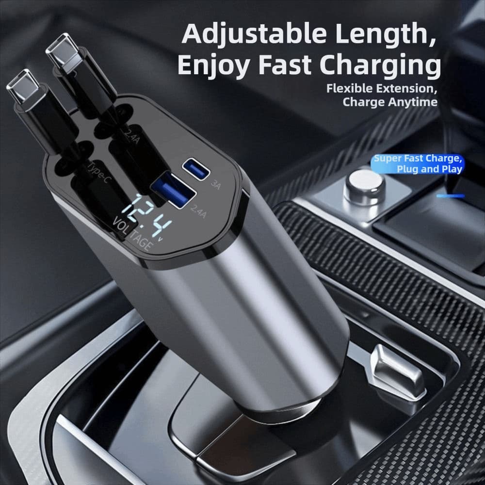Carregador De Carro NAFZOJL , Retrátil 4 Em 1 De 120 W , Cabo De Carga Rápida USB Tipo C