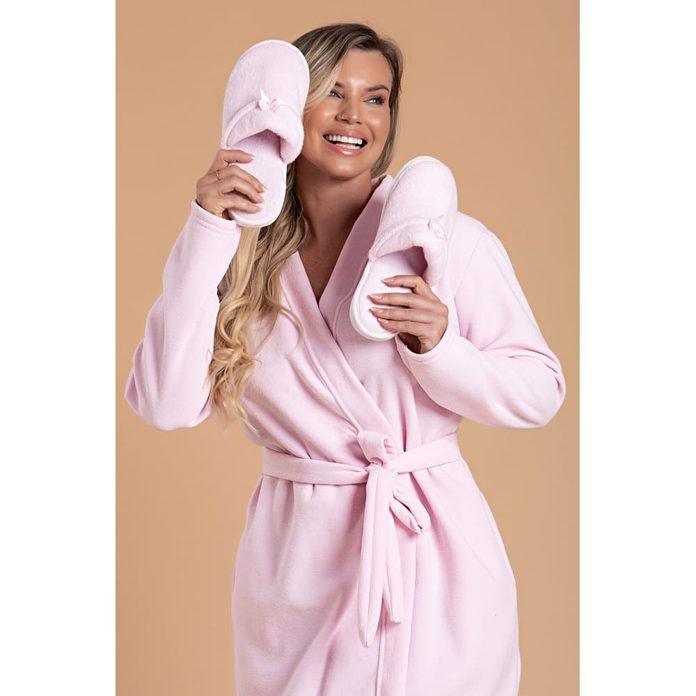 Kit Roupão Inverno Adulto Feminino Soft Rosa + Pantufa Confortável Feminino Soft Rosa
