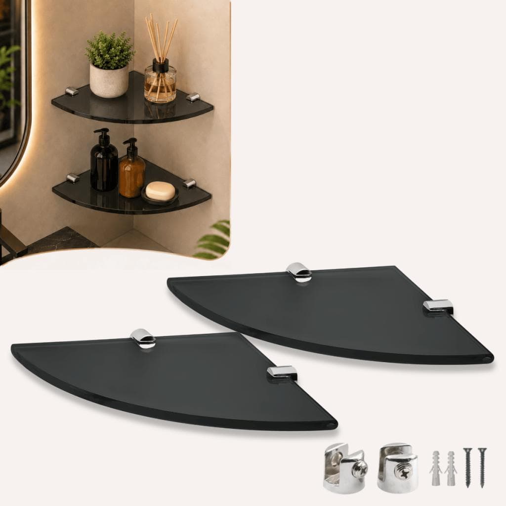 Kit 2 Prateleiras de Vidro Fumê com Suporte Cromado Multiuso para Banheiro e Cozinha