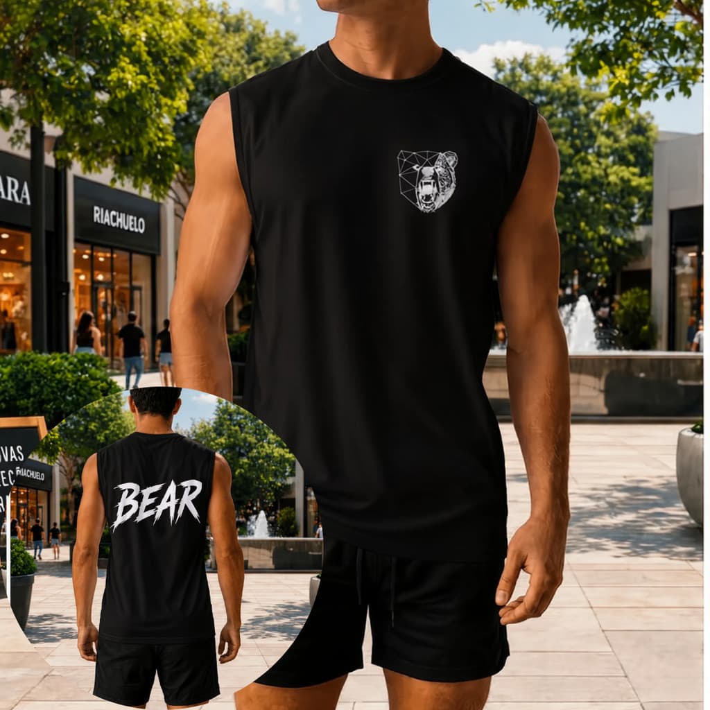 Camiseta Regata Branca Sem Manga Estampa Urso Geométrico Frente e Costas