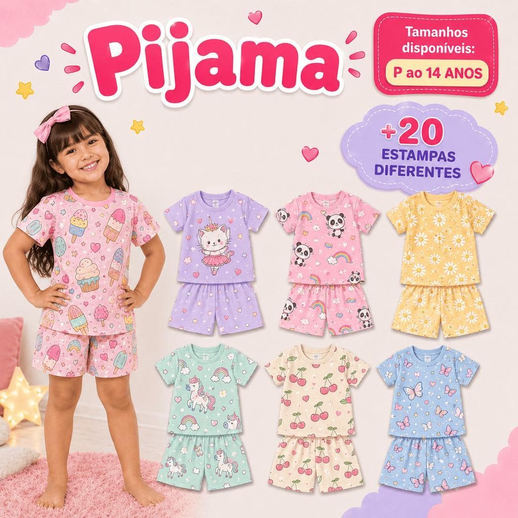 Pijama Curto Infantil Criança Menina Manga Curta Verão Calor Roupa de Dormir 2 Peças Estampas Sortidas Baby Doll