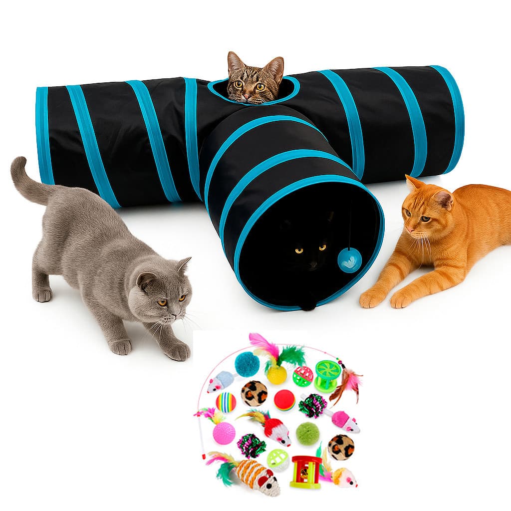 Kit Tunel de Gato 3 Saídas + 20 Brinquedos