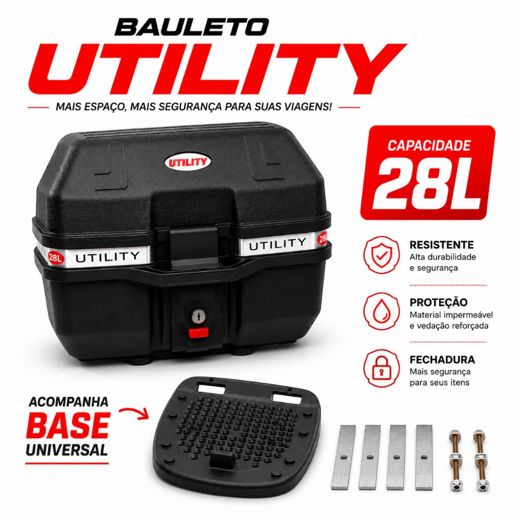 Baú Traseiro Moto 28L Para Entrega Motoboy Qualquer Moto Bauleto Com Base Removível