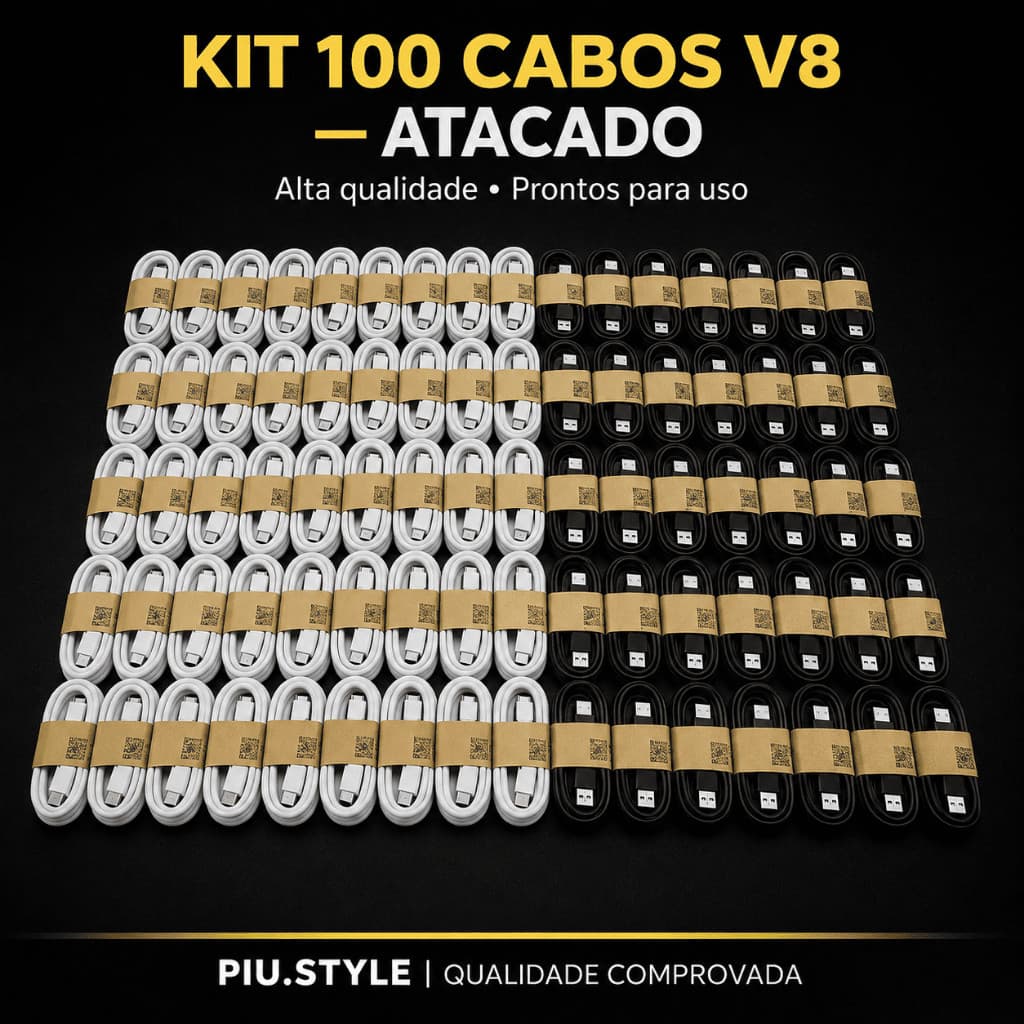 Kit 100 Cabo V8 Micro USB Universal para Celular | Carregar + Sincronizar Dados | Compatível Android
