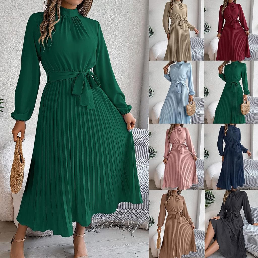2026 europeu americano outono inverno senhoras vestido pequeno saia longa elegante gola alta manga comprida cintura estr