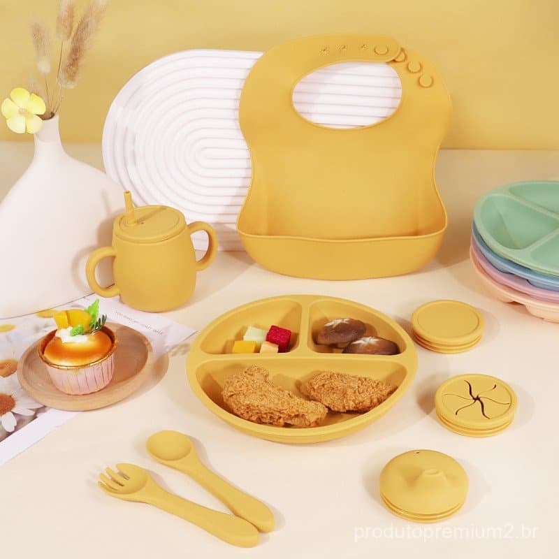 Conjunto de utensílios de silicone para mesa, 10 peças, prato infantil com compartimentos, babador para bebê, prato para
