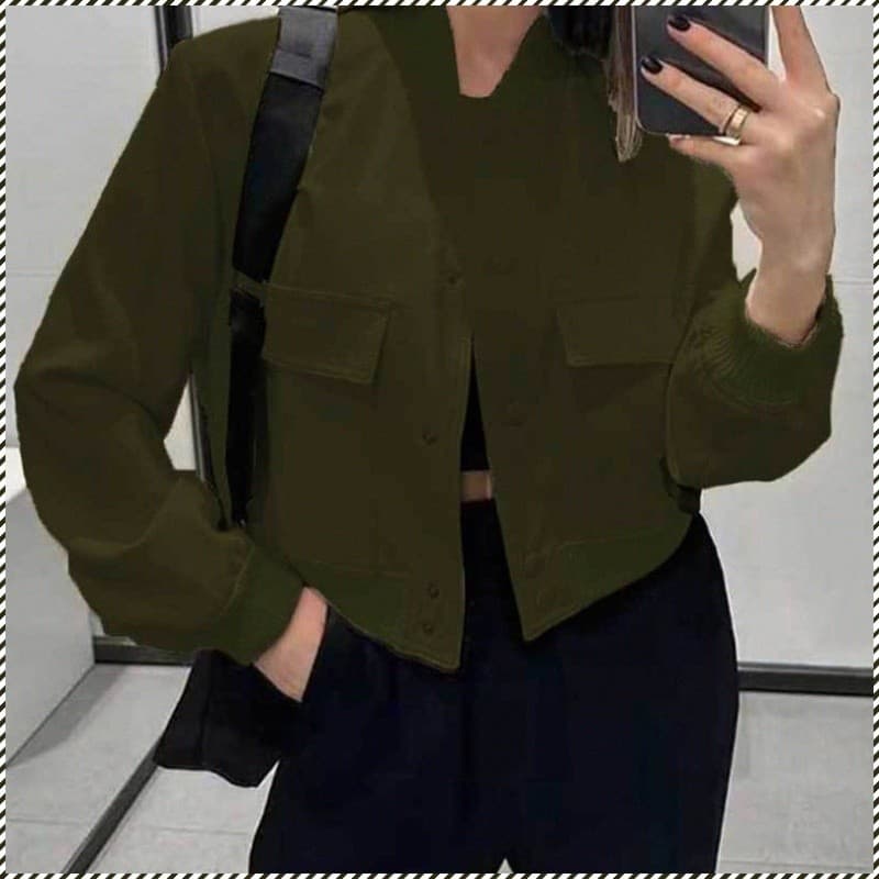 Jaqueta feminina casual, estilo doce e moderno, com bolsos grandes, unissex e gola alta.