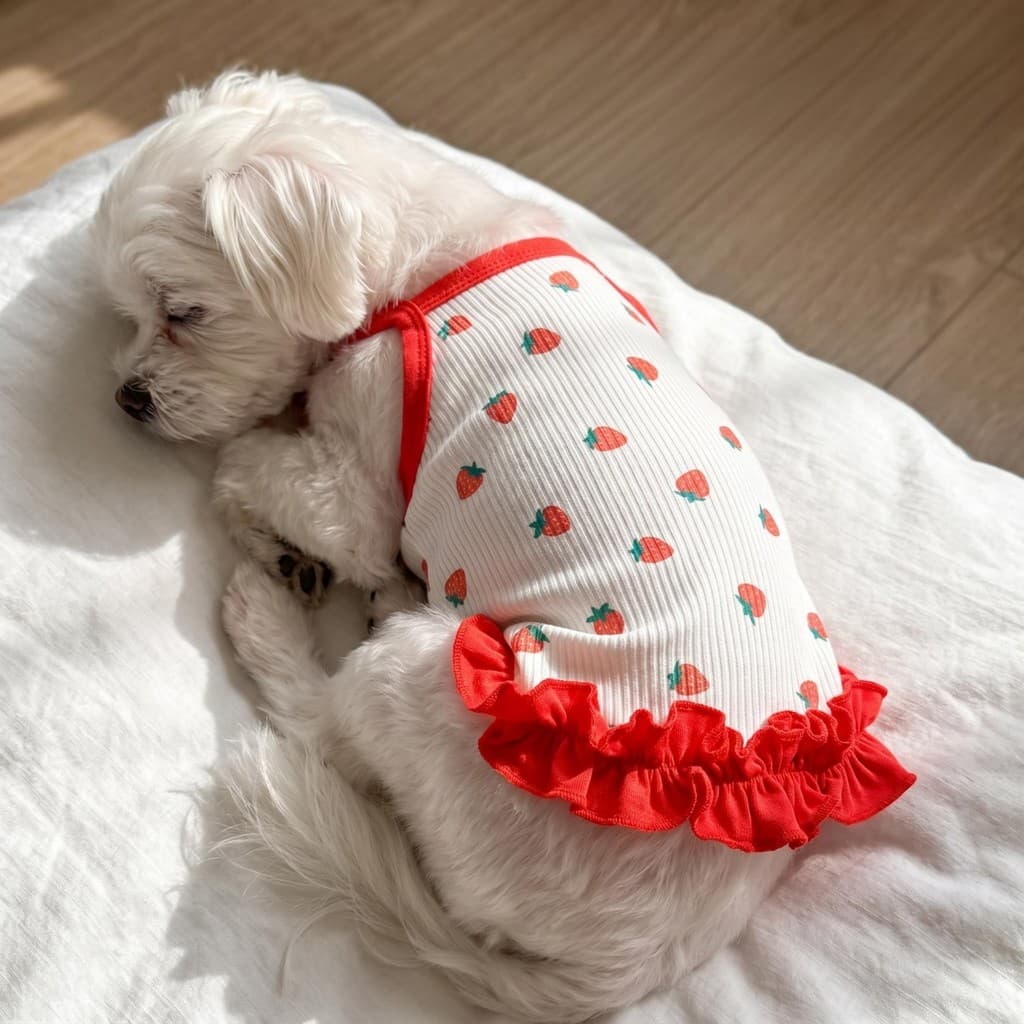 Vestido Fofo Com Estampa De Morango Para Animais De Estimação , Saia Suspensa Respirável De Verão Bainha Babados Vermelh