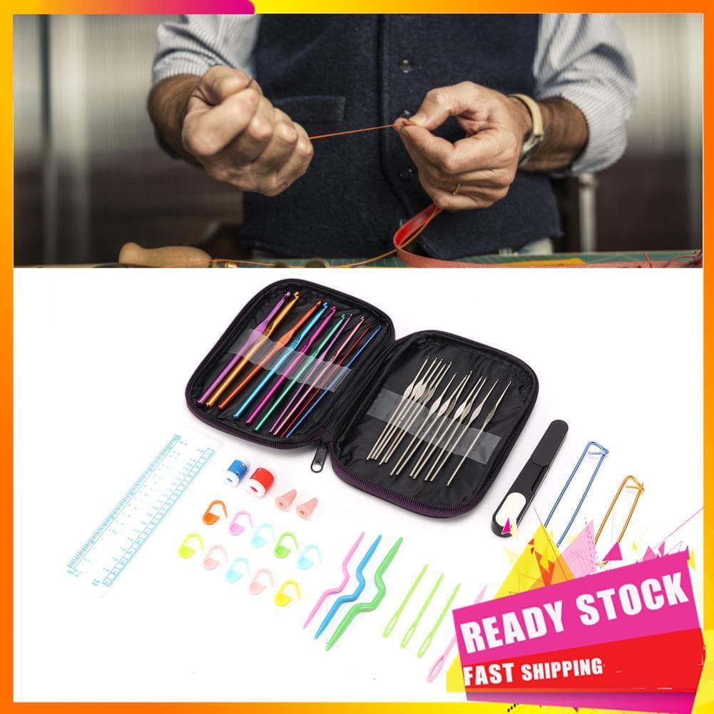 Gfgfgfgg Conjunto de ganchos de crochê 22 peças com estojo de couro vermelho rosa Design ergonômico Alumínio colorido e