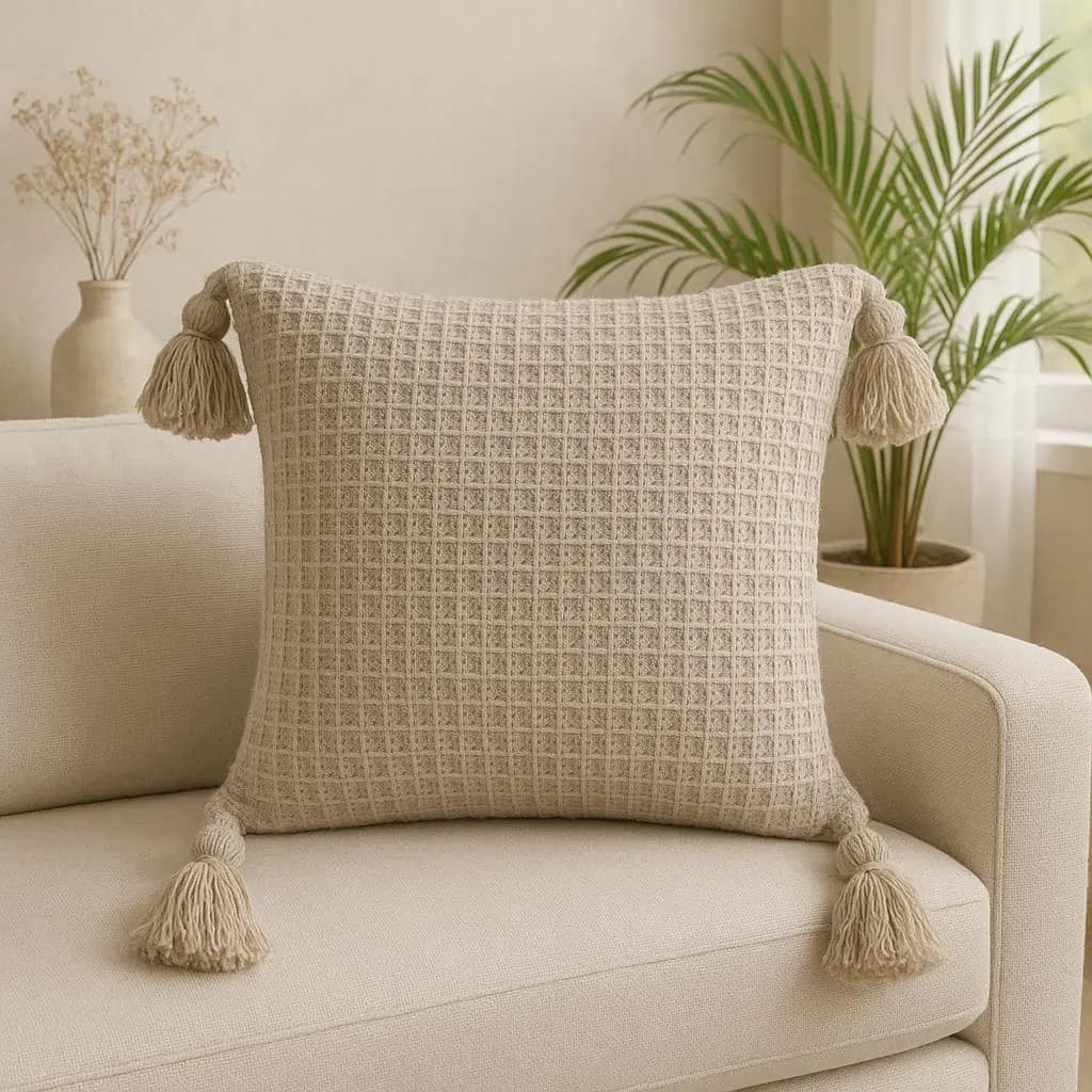 Capa De Almofada Boho 45x45 Pompom Piquet Cru Algodão