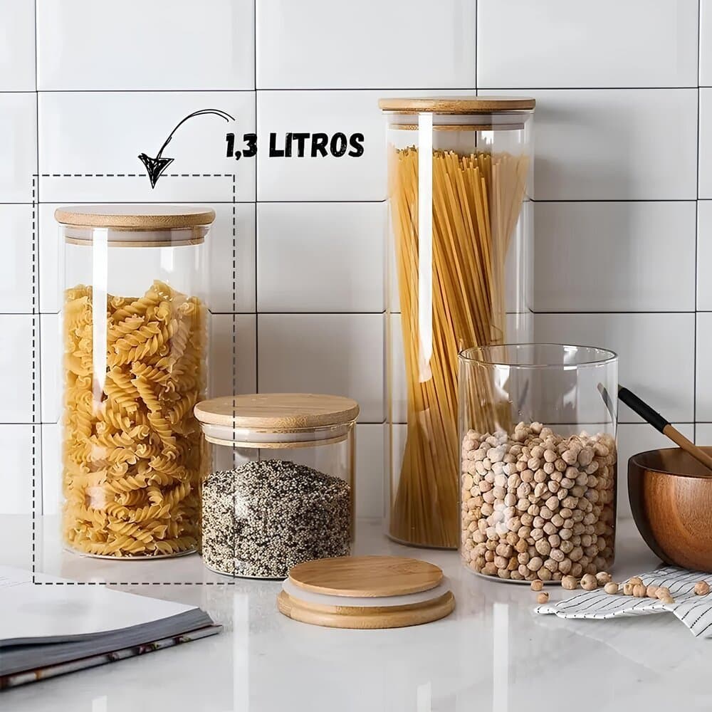 Pote Porta Tempero 1,3L Vidro c/ Tampa de Bambu