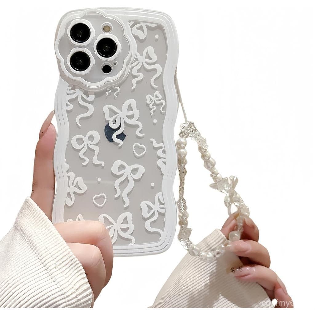 Compatível com a Capa para Telefone 12 Pro, com Padrão de Coração e Laço Branco em Borda Ondulada, com Pulseira de Laço,