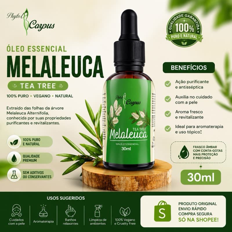 Óleo Essencial de Melaleuca Tea Tree 100% Puro 30ml Conta-Gotas Aromaterapia Envio Rápido