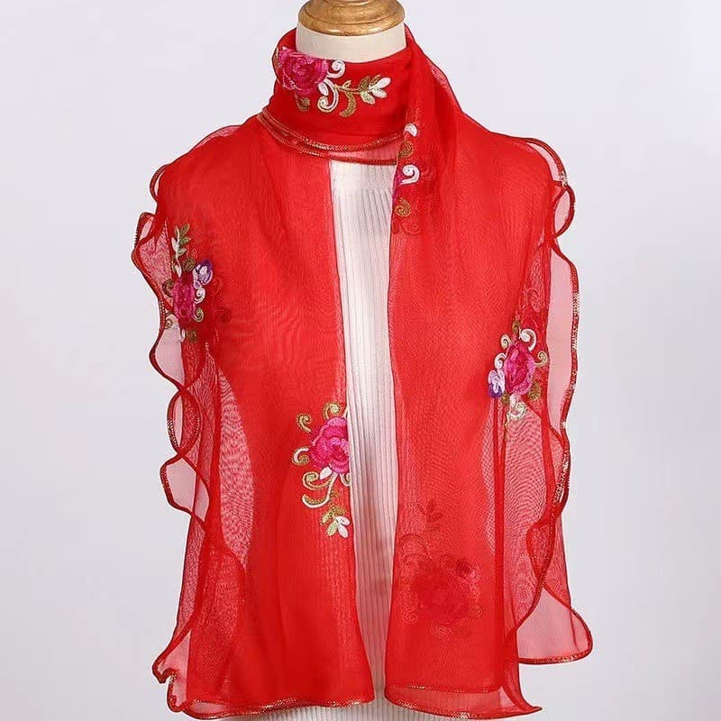 Cachecol Feminino Bordado Estilo Étnico de Seda para Pescoço Outono Inverno Novo com Babados Bordados em Gaze